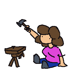 Izzy, hammering a nail into a plank of wood. The wood is not connected to anything...